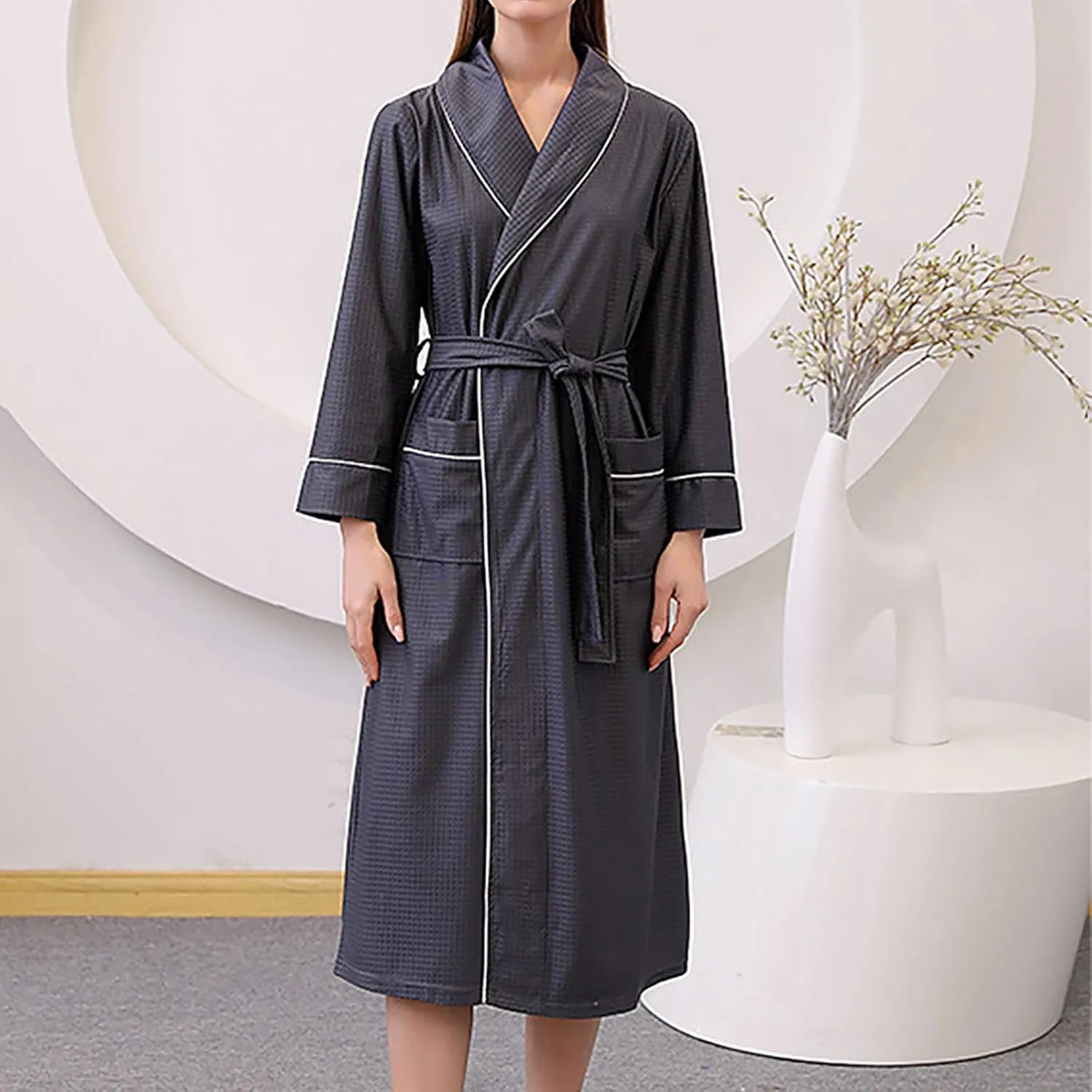 Plus Size Robe for Women Lightweight Waffle Shawl Collar Bathrobe Sleepwear Casual Bathrobe Ladies Loungewear Pocket
