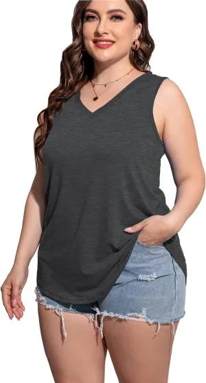 Plus Size Sleeveless Tops Women Casual Summer Sleeveless Loose Fit V Neck Ladies Basic Tshirt