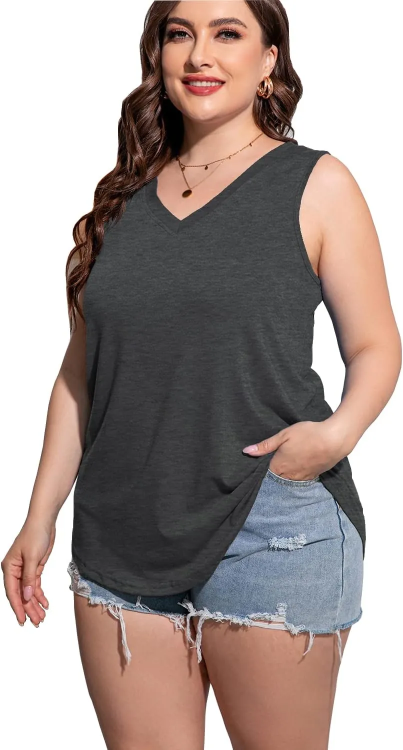 Plus Size Sleeveless Tops Women Casual Summer Sleeveless Loose Fit V Neck Ladies Basic Tshirt
