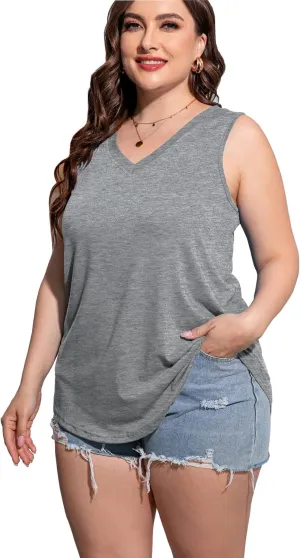 Plus Size Sleeveless Tops Women Casual Summer Sleeveless Loose Fit V Neck Ladies Basic Tshirt