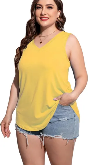 Plus Size Sleeveless Tops Women Casual Summer Sleeveless Loose Fit V Neck Ladies Basic Tshirt