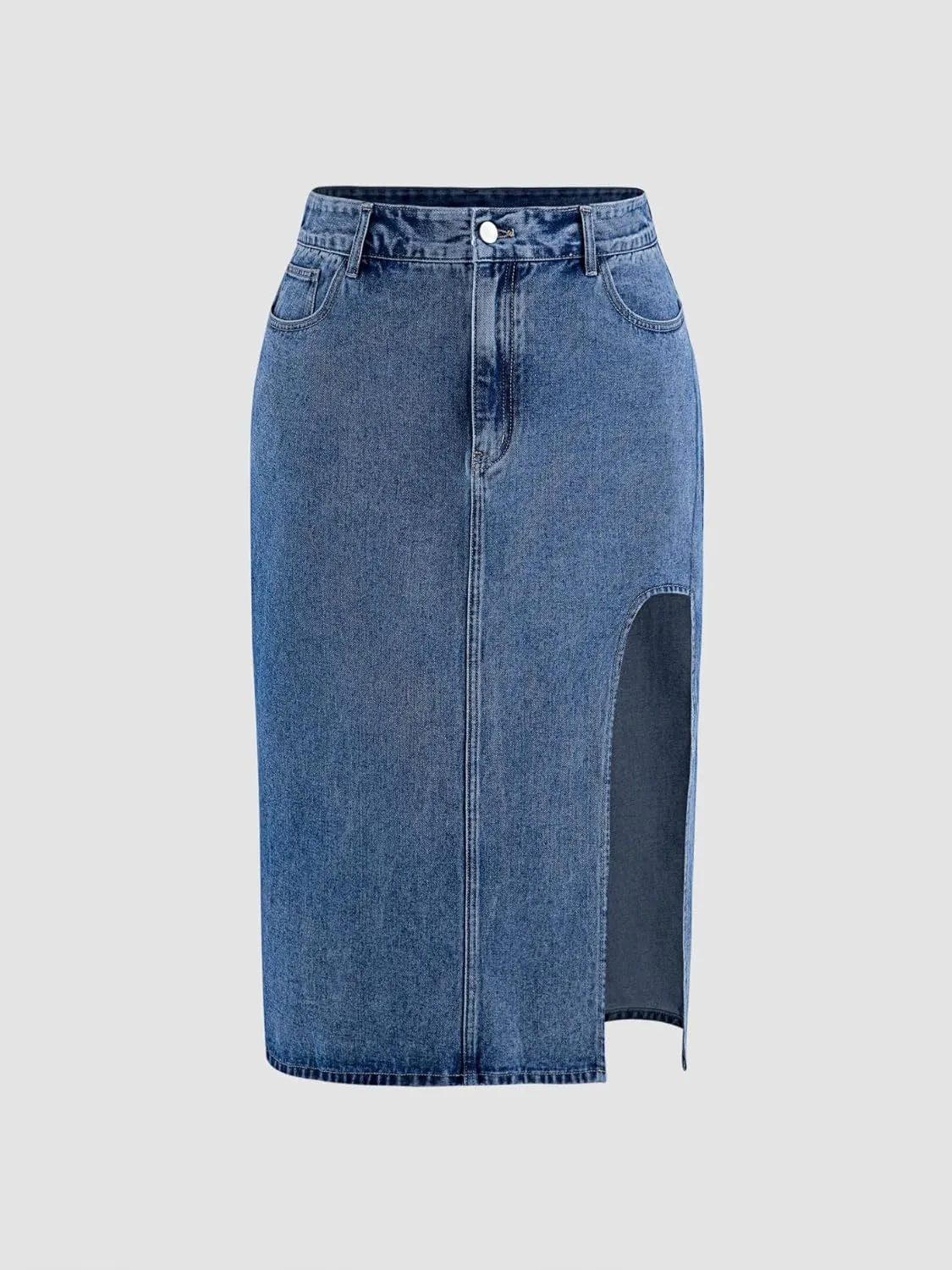 Plus Size Women's high-Waisted Denim Skirt Slit Zipper Denim Skirt Casual Skirt with Pockets