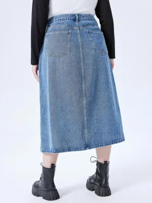 Plus Size Women's high-Waisted Denim Skirt Slit Zipper Denim Skirt Casual Skirt with Pockets