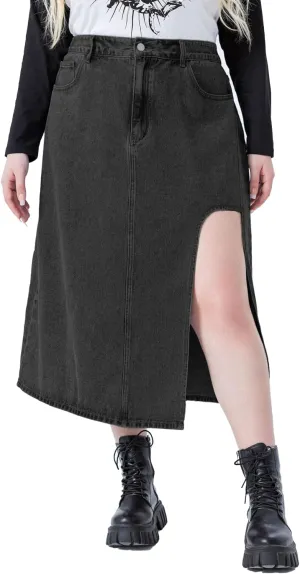 Plus Size Women's high-Waisted Denim Skirt Slit Zipper Denim Skirt Casual Skirt with Pockets