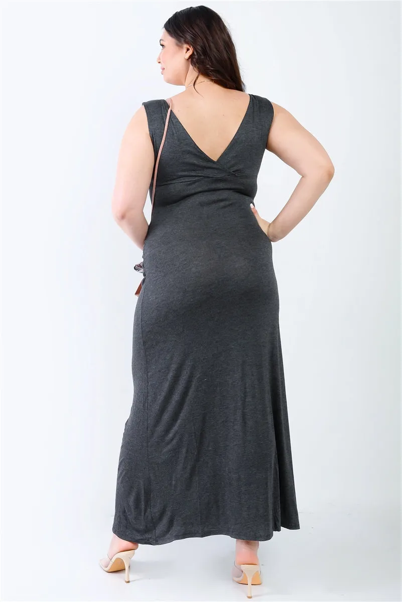 Plus V neck Sleeveless Loose Plain Long Maxi Casual Charcoal Grey Dress