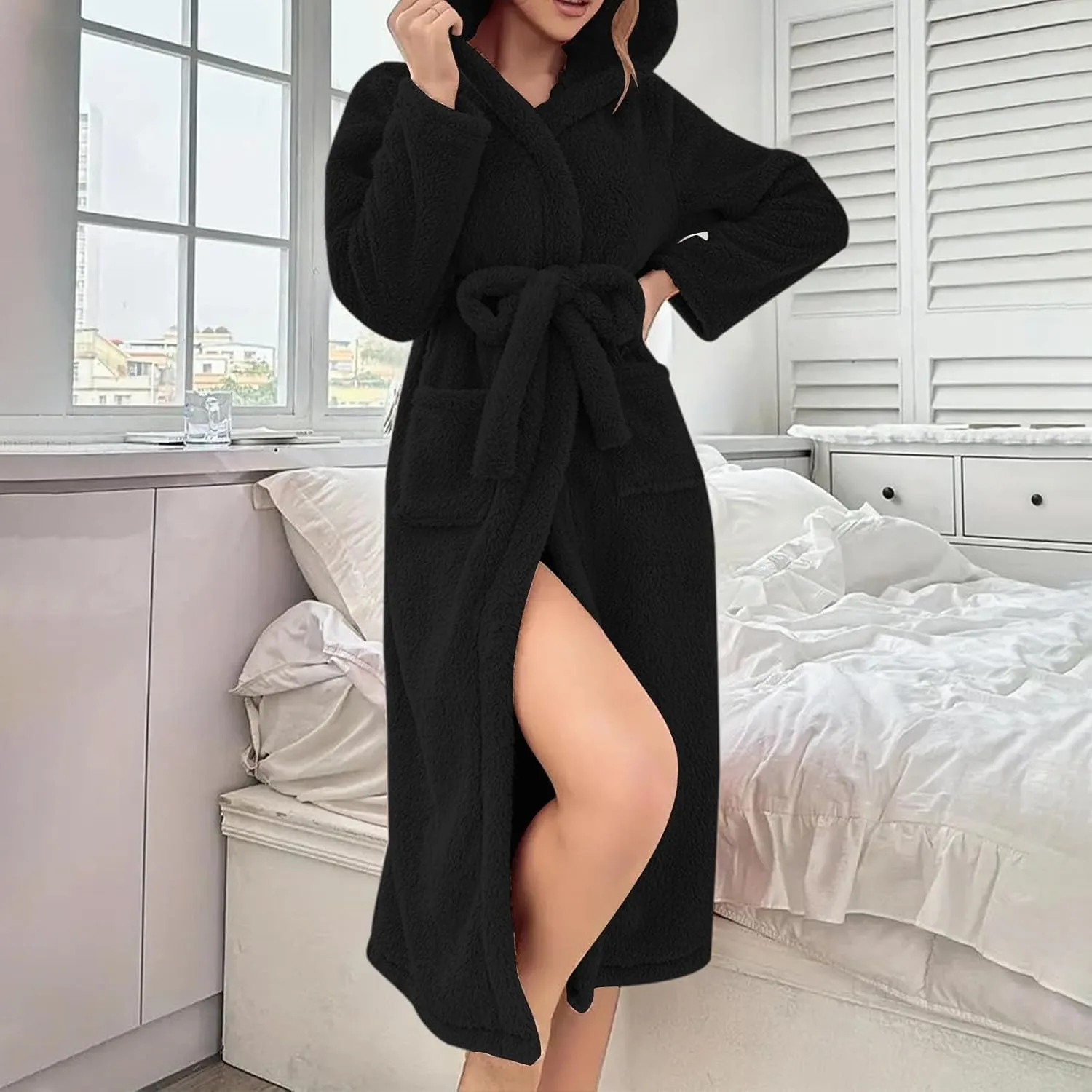 Plush Robes for Women Cozy Fuzzy Robe Nightgowns Shower Spa Bathrobe Warm Flannel Fleece Robe with Shawl Collar