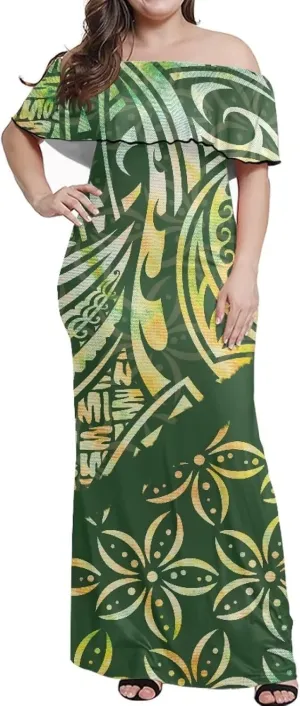 Puletasi Samoan Traditional Polynesian Dress Women's Plus Size Off Shoulder Bodycon Maxi Dress Ruffle Maxi Dress