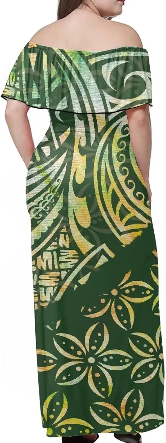 Puletasi Samoan Traditional Polynesian Dress Women's Plus Size Off Shoulder Bodycon Maxi Dress Ruffle Maxi Dress
