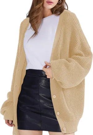 QUALFORT Cardigan Sweaters for Women 100% Cotton Button-Down Long Sleeve Oversized Knit Outerwear