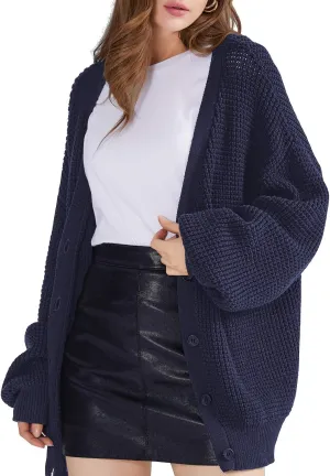 QUALFORT Cardigan Sweaters for Women 100% Cotton Button-Down Long Sleeve Oversized Knit Outerwear