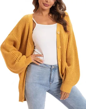 QUALFORT Cardigan Sweaters for Women 100% Cotton Button-Down Long Sleeve Oversized Knit Outerwear