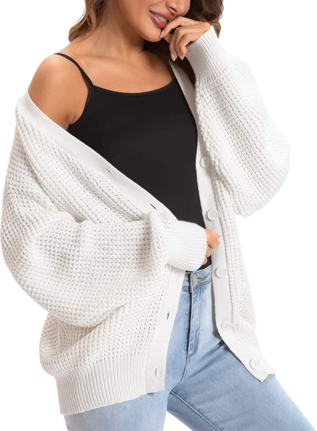 QUALFORT Cardigan Sweaters for Women 100% Cotton Button-Down Long Sleeve Oversized Knit Outerwear