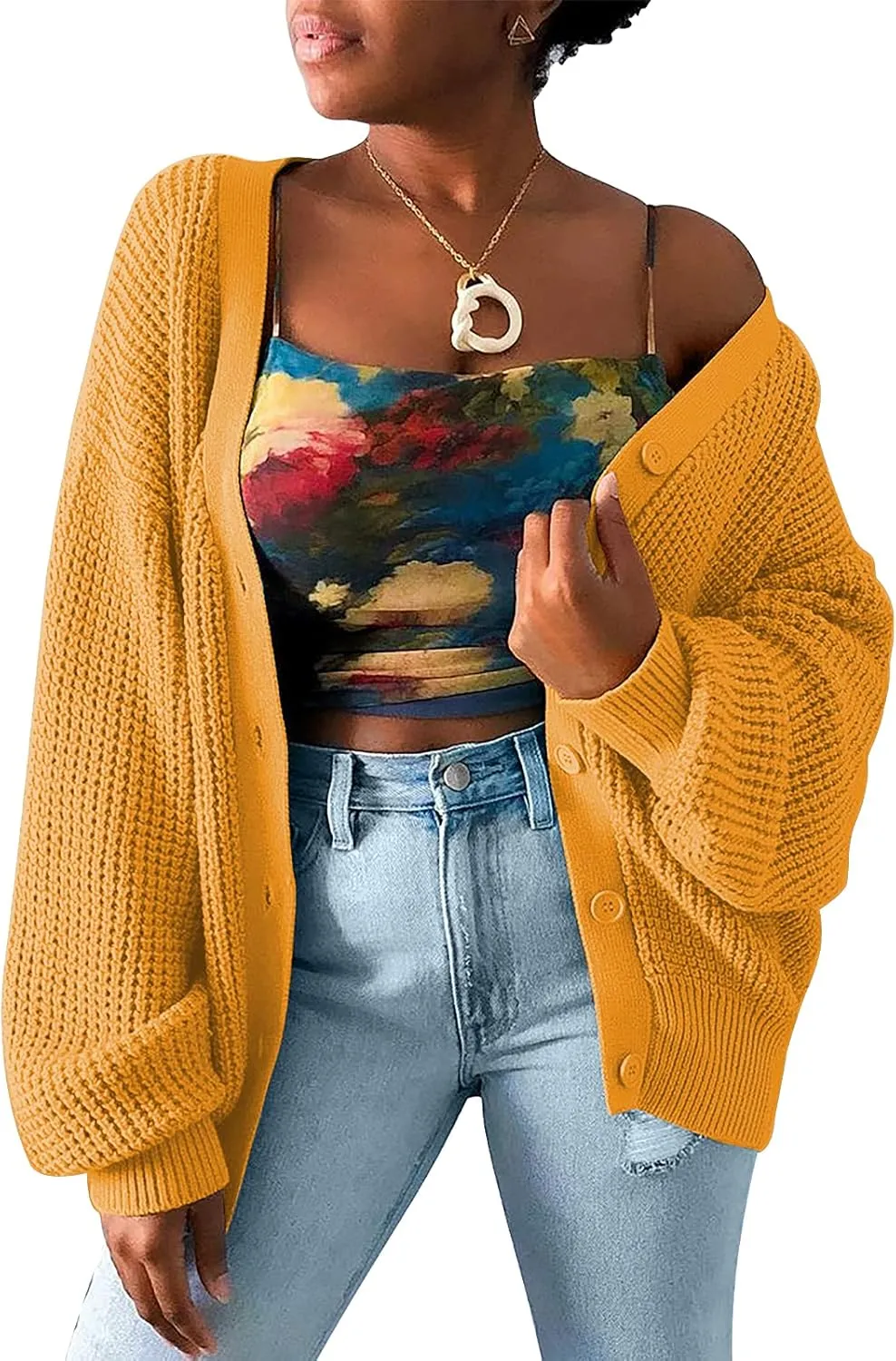 QUALFORT Cardigan Sweaters for Women 100% Cotton Button-Down Long Sleeve Oversized Knit Outerwear