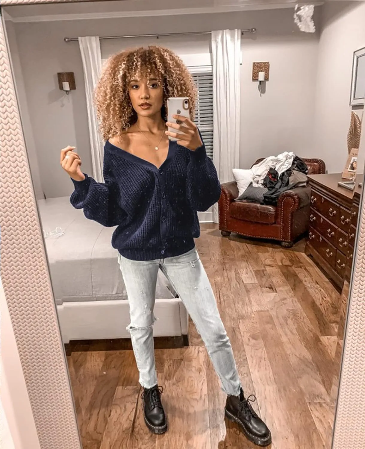 QUALFORT Cardigan Sweaters for Women 100% Cotton Button-Down Long Sleeve Oversized Knit Outerwear