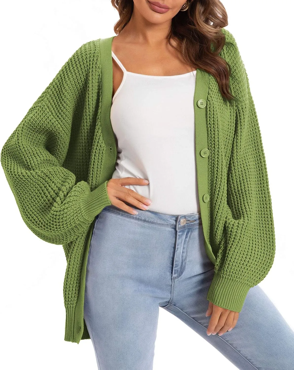 QUALFORT Cardigan Sweaters for Women 100% Cotton Button-Down Long Sleeve Oversized Knit Outerwear