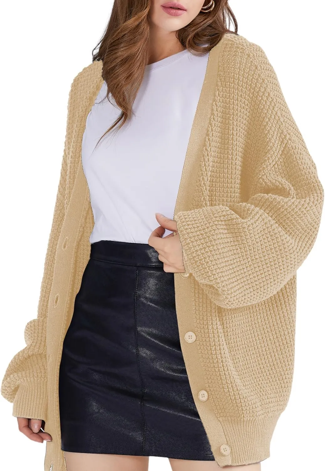 QUALFORT Cardigan Sweaters for Women 100% Cotton Button-Down Long Sleeve Oversized Knit Outerwear