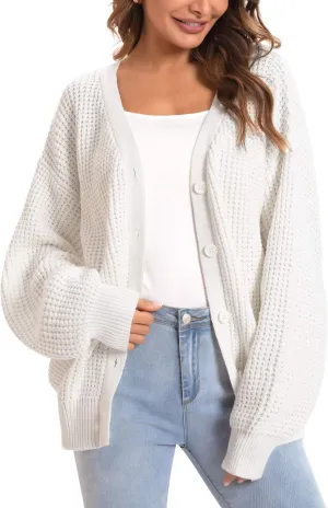 QUALFORT Cardigan Sweaters for Women 100% Cotton Button-Down Long Sleeve Oversized Knit Outerwear