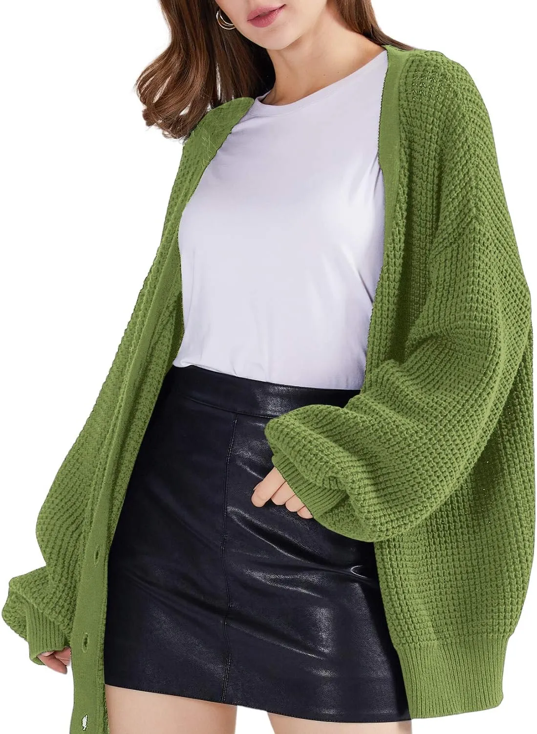 QUALFORT Cardigan Sweaters for Women 100% Cotton Button-Down Long Sleeve Oversized Knit Outerwear