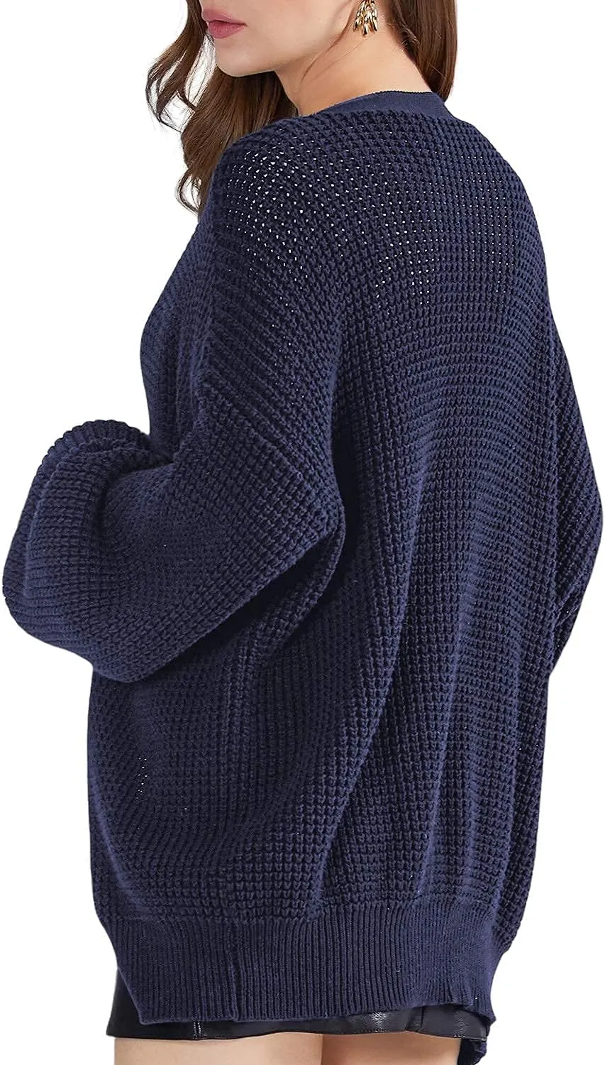 QUALFORT Cardigan Sweaters for Women 100% Cotton Button-Down Long Sleeve Oversized Knit Outerwear