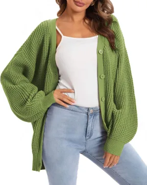 QUALFORT Cardigan Sweaters for Women 100% Cotton Button-Down Long Sleeve Oversized Knit Outerwear
