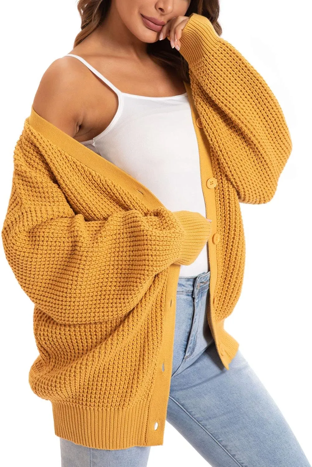 QUALFORT Cardigan Sweaters for Women 100% Cotton Button-Down Long Sleeve Oversized Knit Outerwear