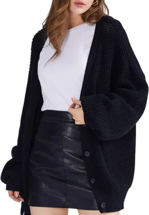 QUALFORT Cardigan Sweaters for Women 100% Cotton Button-Down Long Sleeve Oversized Knit Outerwear