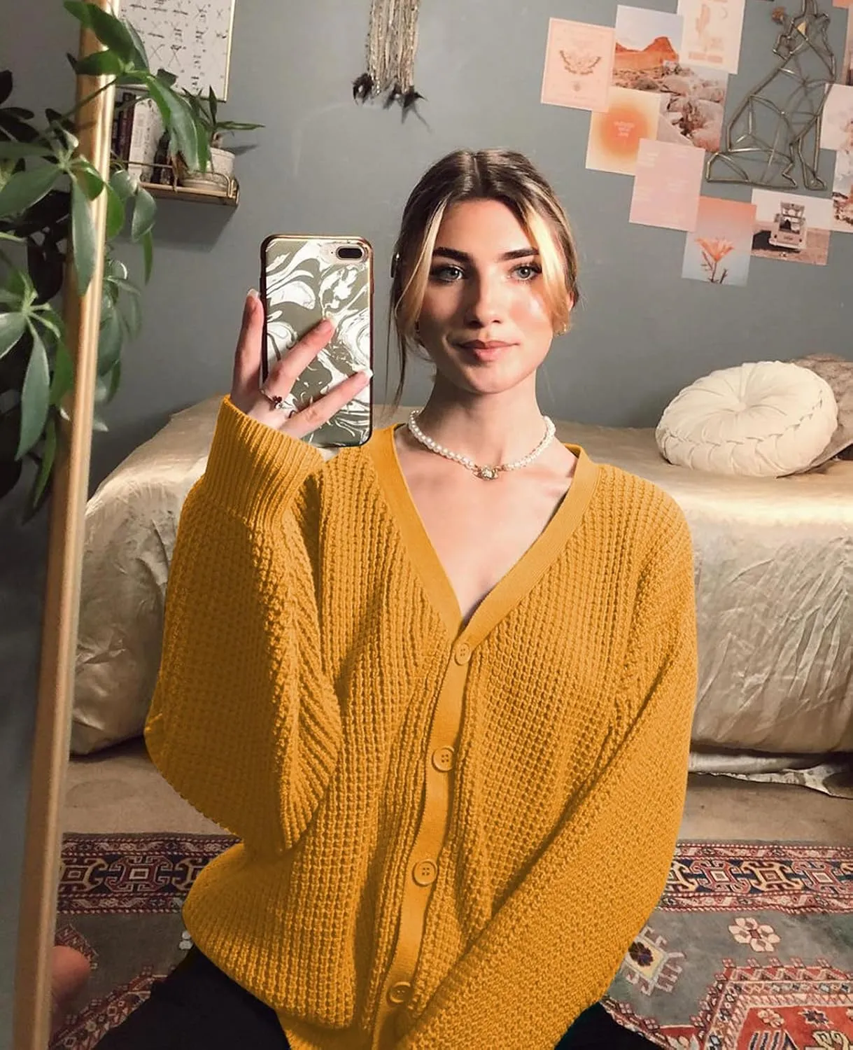 QUALFORT Cardigan Sweaters for Women 100% Cotton Button-Down Long Sleeve Oversized Knit Outerwear