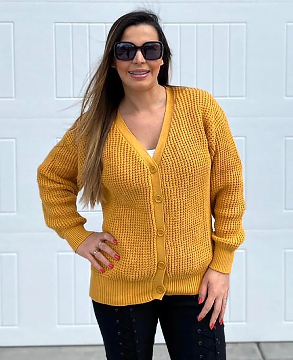 QUALFORT Cardigan Sweaters for Women 100% Cotton Button-Down Long Sleeve Oversized Knit Outerwear