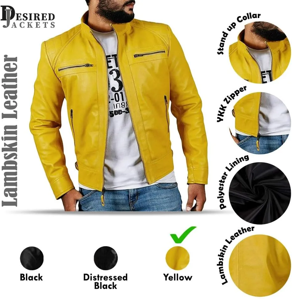 Real Lambskin Leather Biker Jacket - Quilted Cafe Racer Zip Up Moto Jackets Men Moto Jacket Men for Bikers