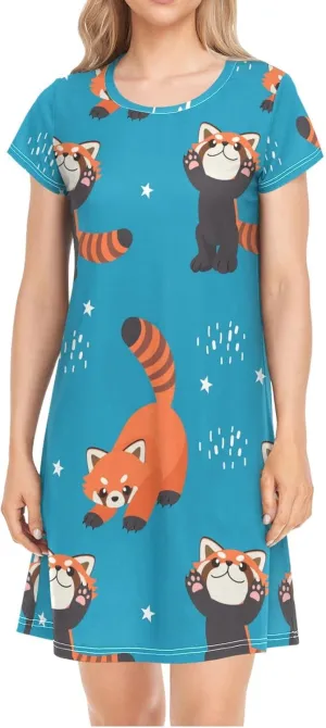 Red Panda Pattern Nightgowns for Women Short Sleeve Sleepshirt Dress Sleepwear Pajama Dress S-2XL