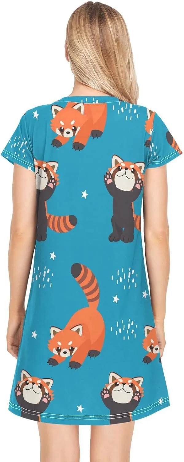 Red Panda Pattern Nightgowns for Women Short Sleeve Sleepshirt Dress Sleepwear Pajama Dress S-2XL