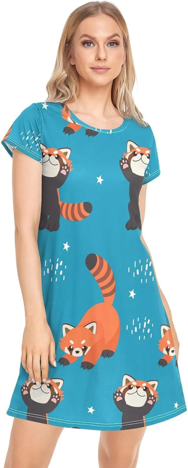 Red Panda Pattern Nightgowns for Women Short Sleeve Sleepshirt Dress Sleepwear Pajama Dress S-2XL
