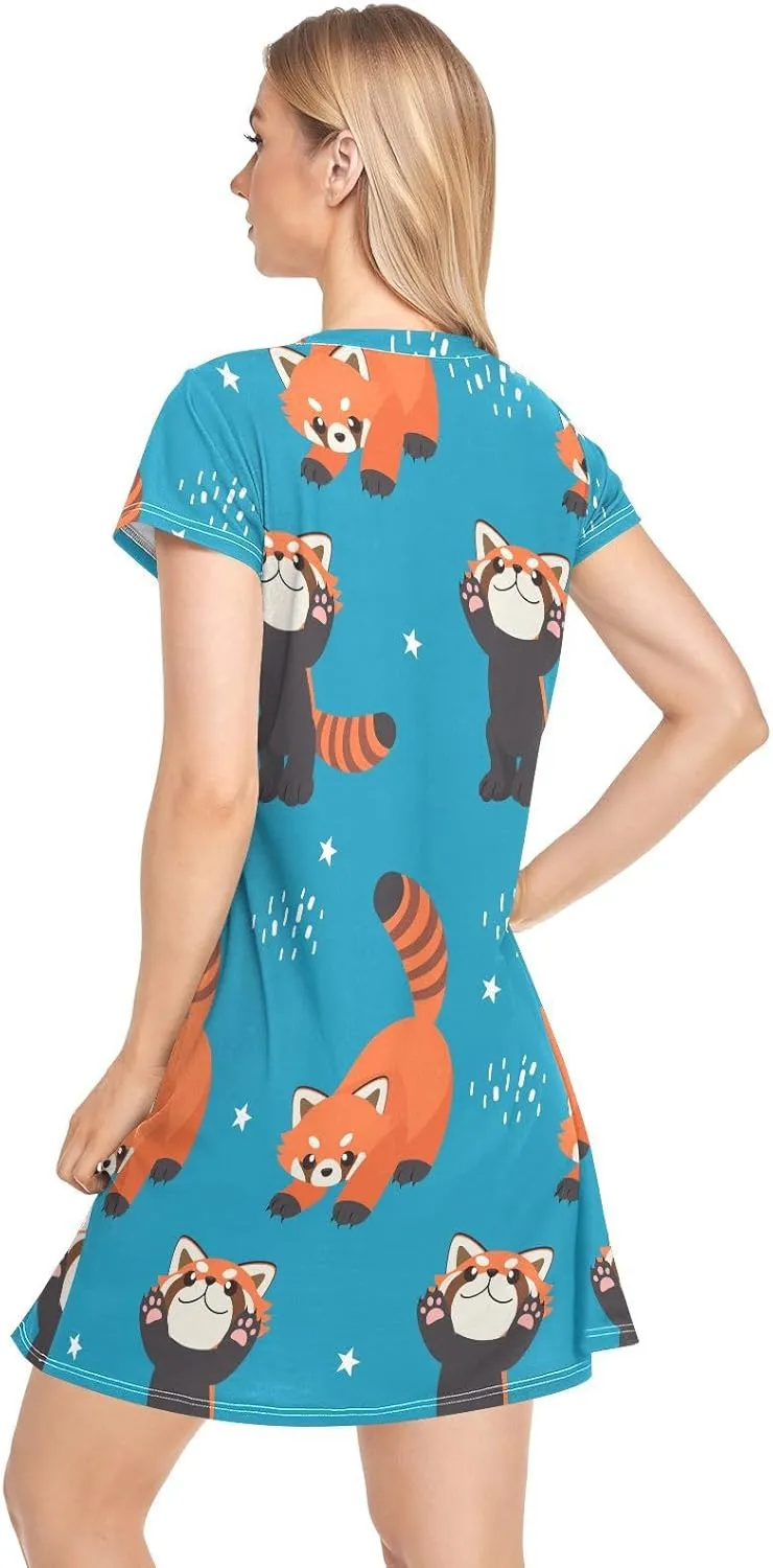 Red Panda Pattern Nightgowns for Women Short Sleeve Sleepshirt Dress Sleepwear Pajama Dress S-2XL