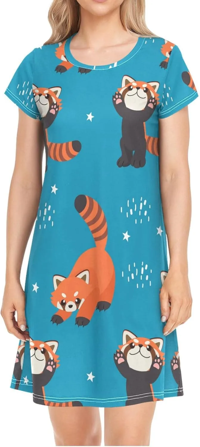 Red Panda Pattern Nightgowns for Women Short Sleeve Sleepshirt Dress Sleepwear Pajama Dress S-2XL