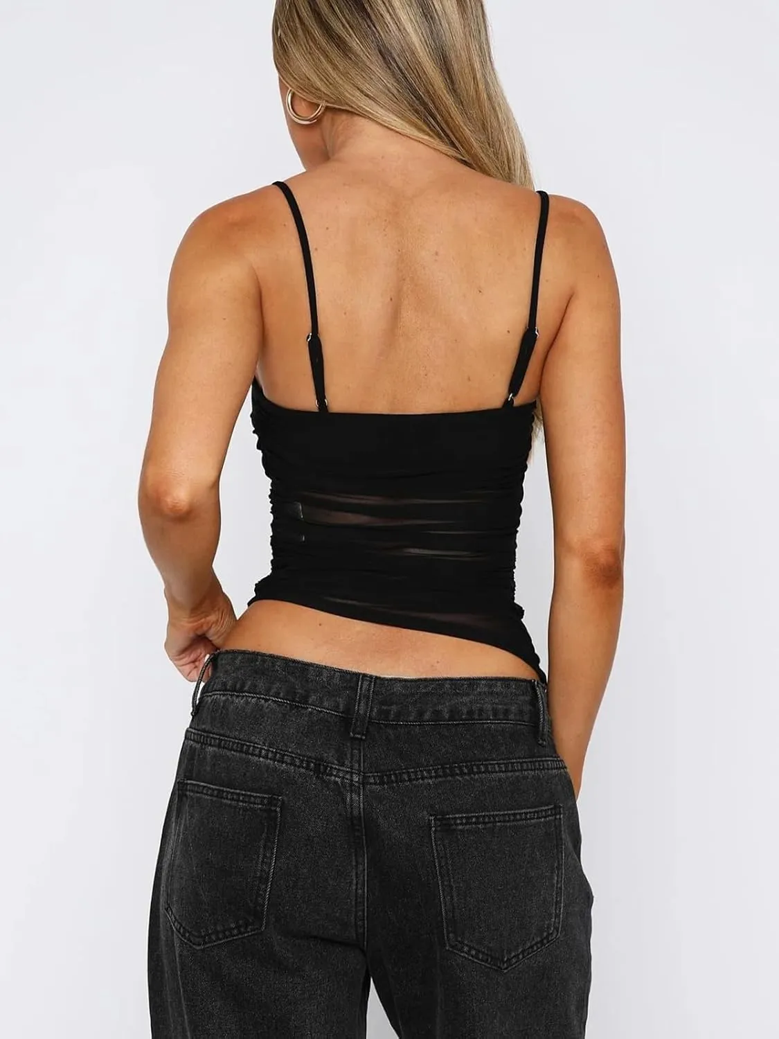 REORIA Women's Sheer Mesh Tank Top Sleeveless See-Through Ruched Camisole Sexy Crop Tops