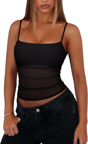 REORIA Women's Sheer Mesh Tank Top Sleeveless See-Through Ruched Camisole Sexy Crop Tops