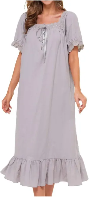 Ruffle Princess Nightgown Women Long Vintage Lace Trim Bow Square Neck Sleepwear Short Sleeve Nightdress Loungewear