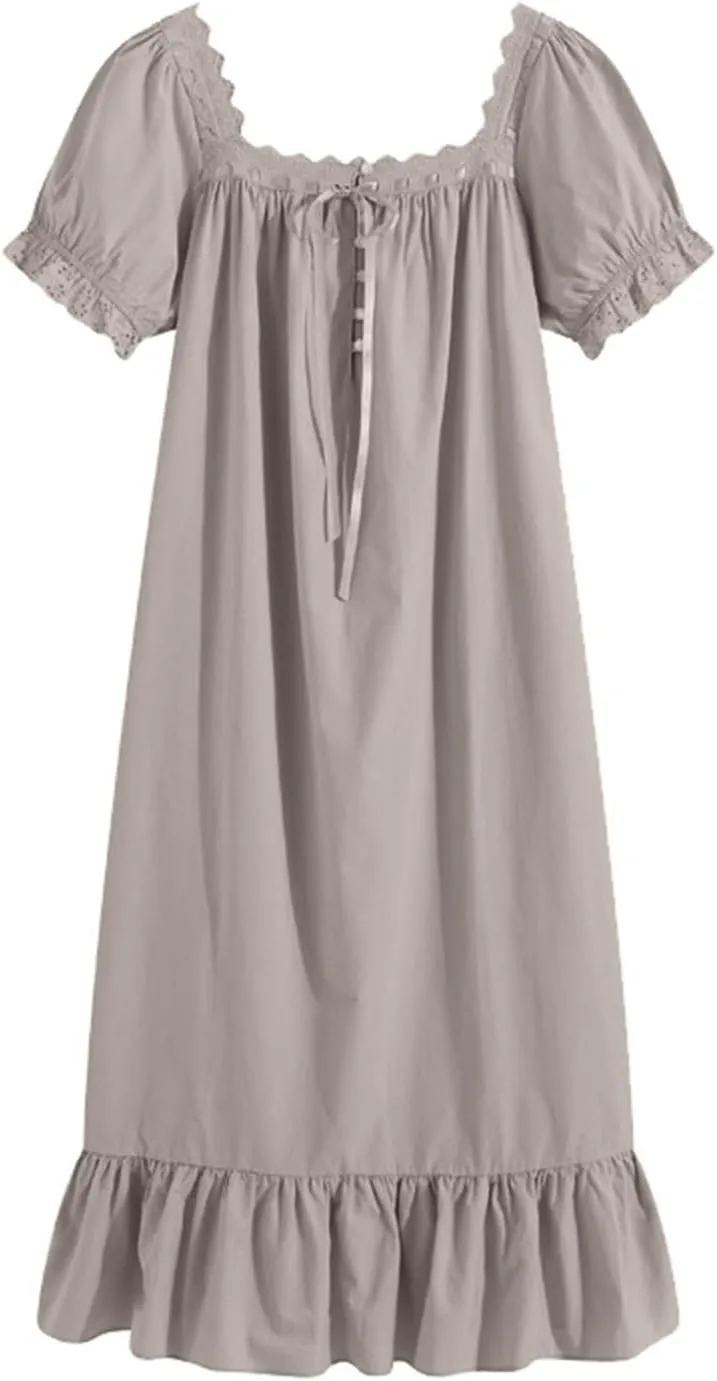 Ruffle Princess Nightgown Women Long Vintage Lace Trim Bow Square Neck Sleepwear Short Sleeve Nightdress Loungewear