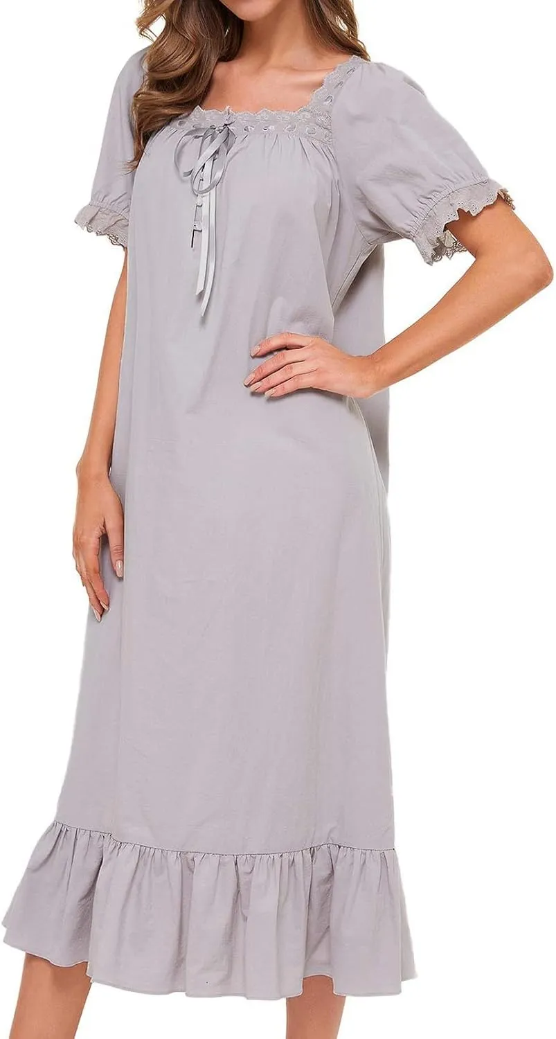 Ruffle Princess Nightgown Women Long Vintage Lace Trim Bow Square Neck Sleepwear Short Sleeve Nightdress Loungewear