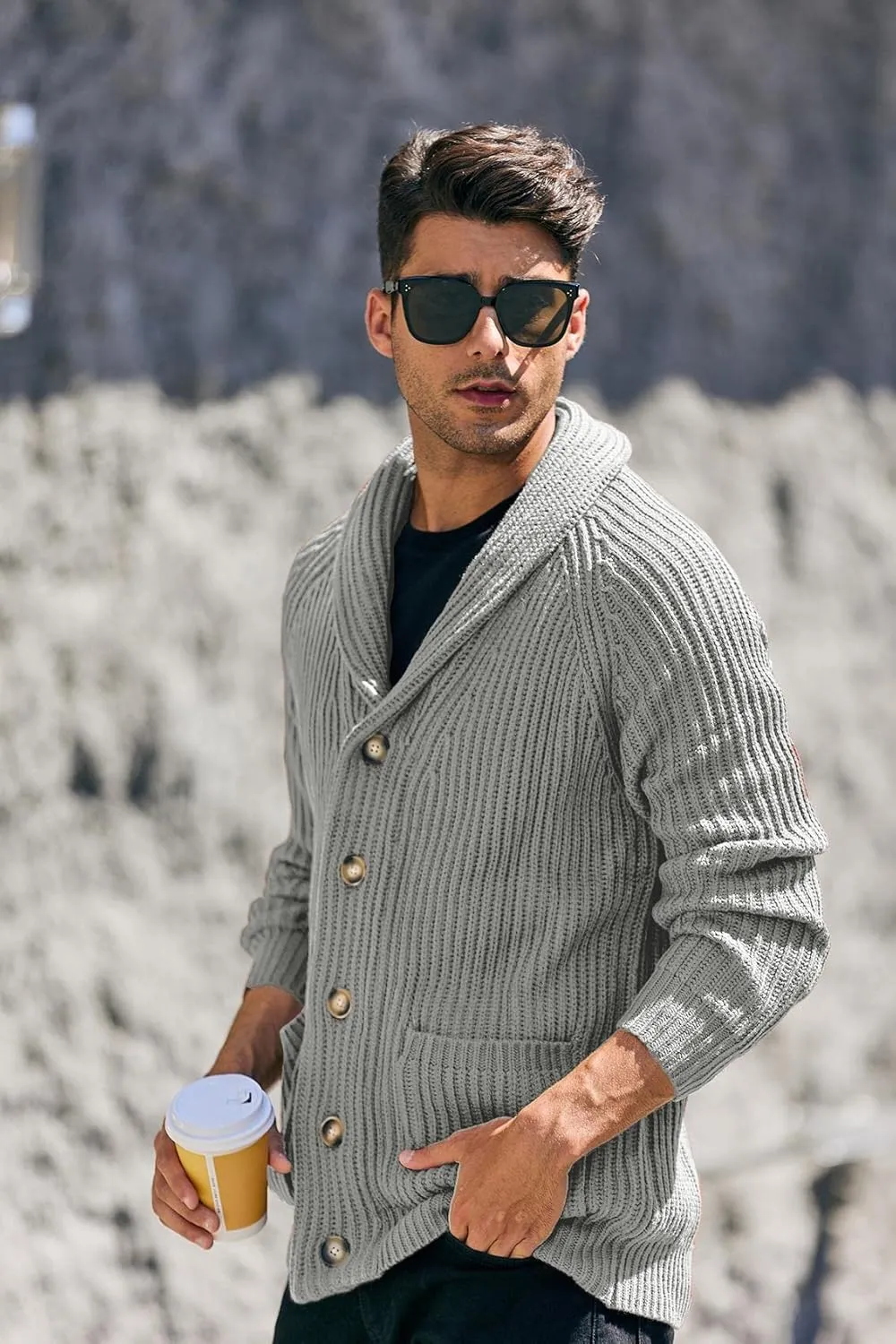 Runcati Mens Shawl Collar Cardigan Sweaters Button Down Open Front Knitwear Cable Knitted Ribbed Jackets Outwear