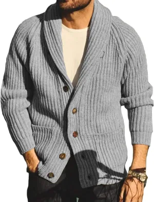 Runcati Mens Shawl Collar Cardigan Sweaters Button Down Open Front Knitwear Cable Knitted Ribbed Jackets Outwear
