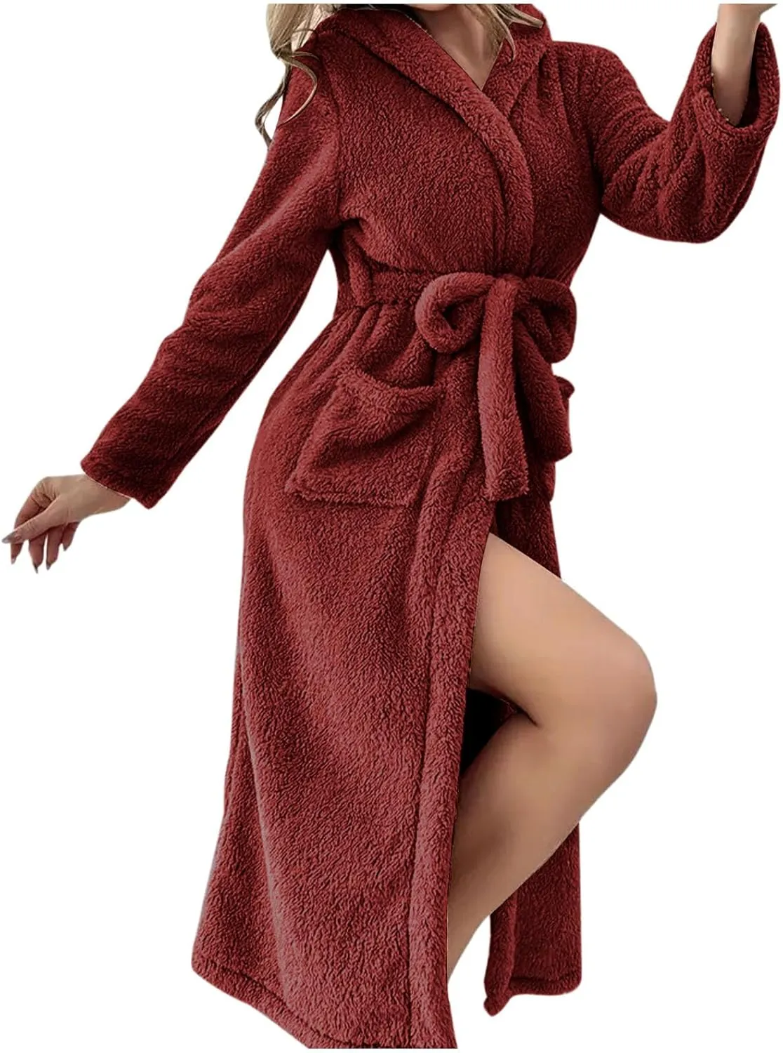 Ruziyoog Women's Hooded Plush Long Robe Thick Warm Plush Bathrobe for Womens with Pocket Cozy Soft Nightgown Winter Sleepwear