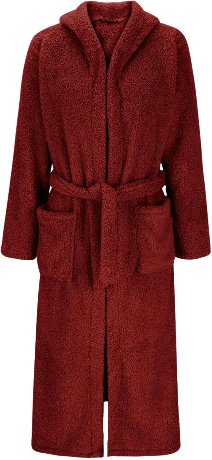 Ruziyoog Women's Hooded Plush Long Robe Thick Warm Plush Bathrobe for Womens with Pocket Cozy Soft Nightgown Winter Sleepwear