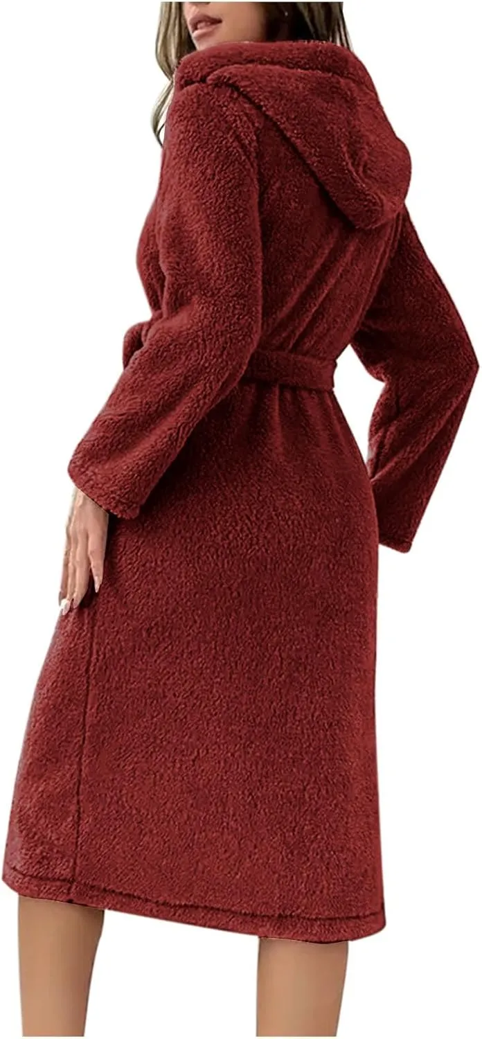 Ruziyoog Women's Hooded Plush Long Robe Thick Warm Plush Bathrobe for Womens with Pocket Cozy Soft Nightgown Winter Sleepwear