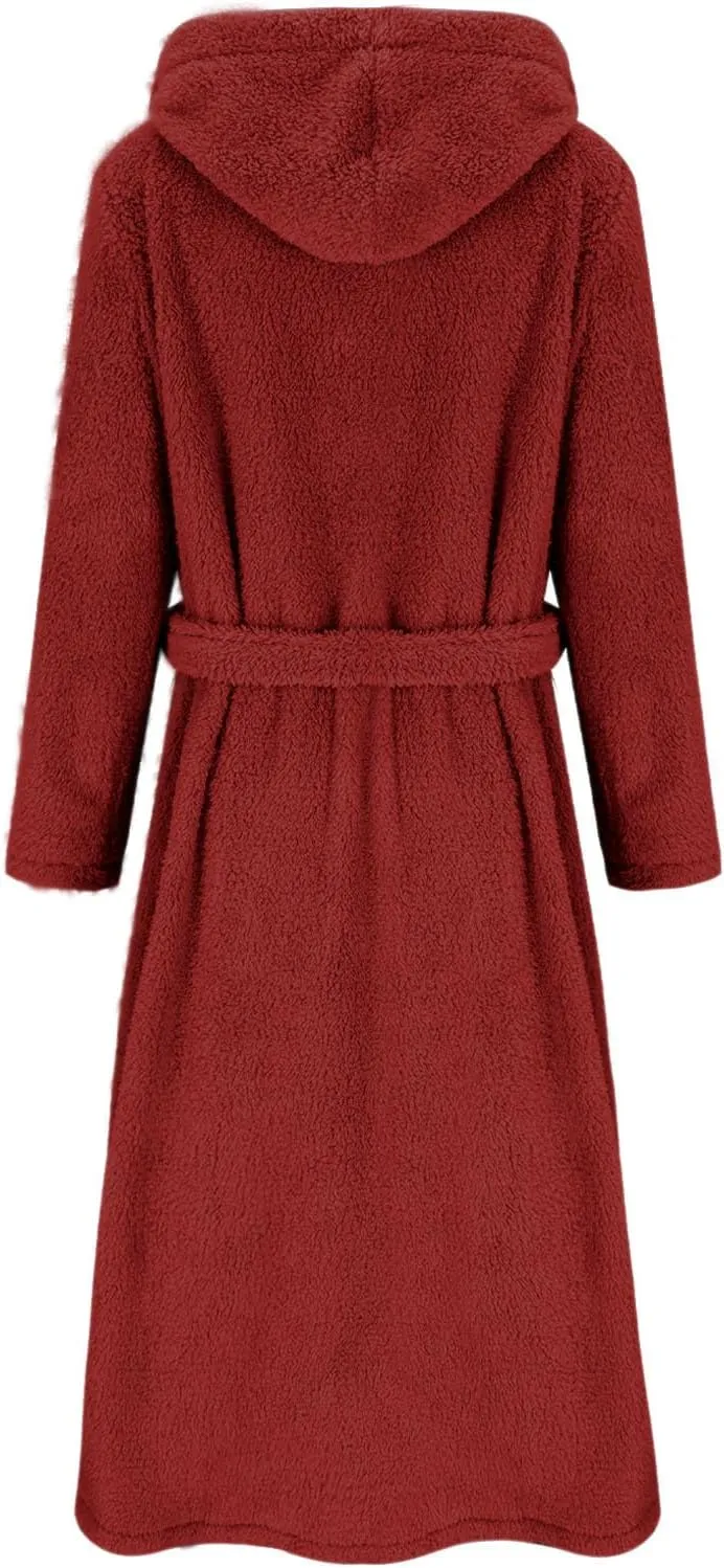 Ruziyoog Women's Hooded Plush Long Robe Thick Warm Plush Bathrobe for Womens with Pocket Cozy Soft Nightgown Winter Sleepwear