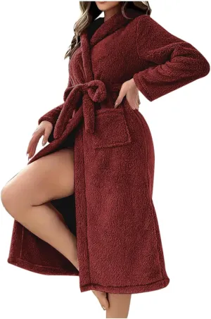 Ruziyoog Women's Hooded Plush Long Robe Thick Warm Plush Bathrobe for Womens with Pocket Cozy Soft Nightgown Winter Sleepwear