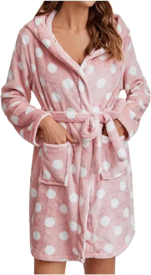 Rvidbe Bathrobes for Women Plush Short Cozy Robe Polkas Dots Print Winter Fashion Nightgown Ladies 2024 Bathrobe Dress Gown