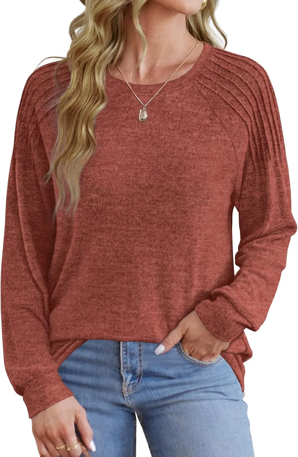 Saloogoe Sweatshirt for Women Crewneck Pleated Long Sleeve Shirts Tunic Tops Fashion Winter Clothing 2025