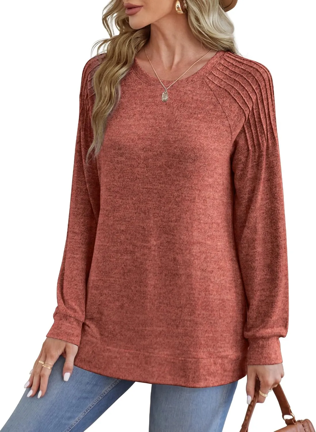 Saloogoe Sweatshirt for Women Crewneck Pleated Long Sleeve Shirts Tunic Tops Fashion Winter Clothing 2025