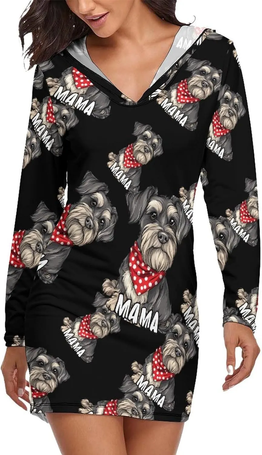 Schnauzer Mom Nightgowns For Women Long Sleeve Pajama Dress Sleepwear Hoodie Dress Loungewear Sleep Dress